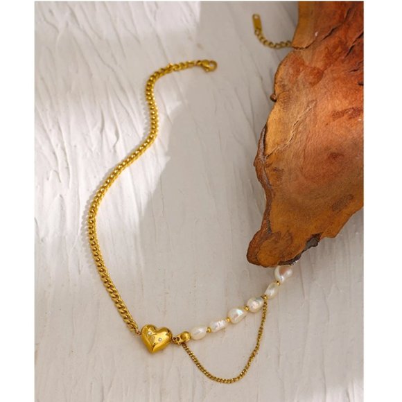 New 18K Gold Natural Pearl Heart Chain Necklace - Picture 7 of 16